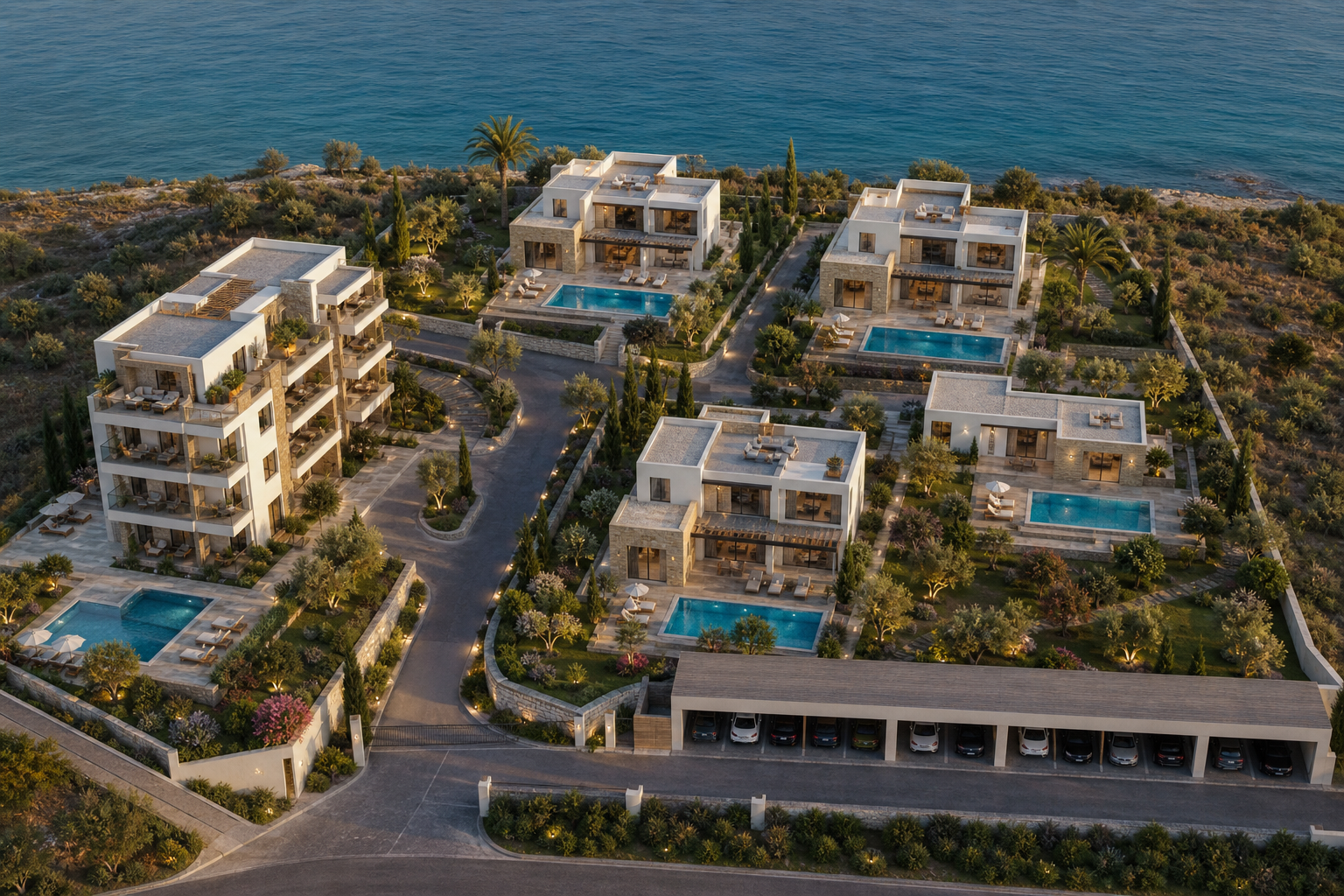 Masterplan Aporía Residences — Draufsicht über das gesamte Projekt am Meer
