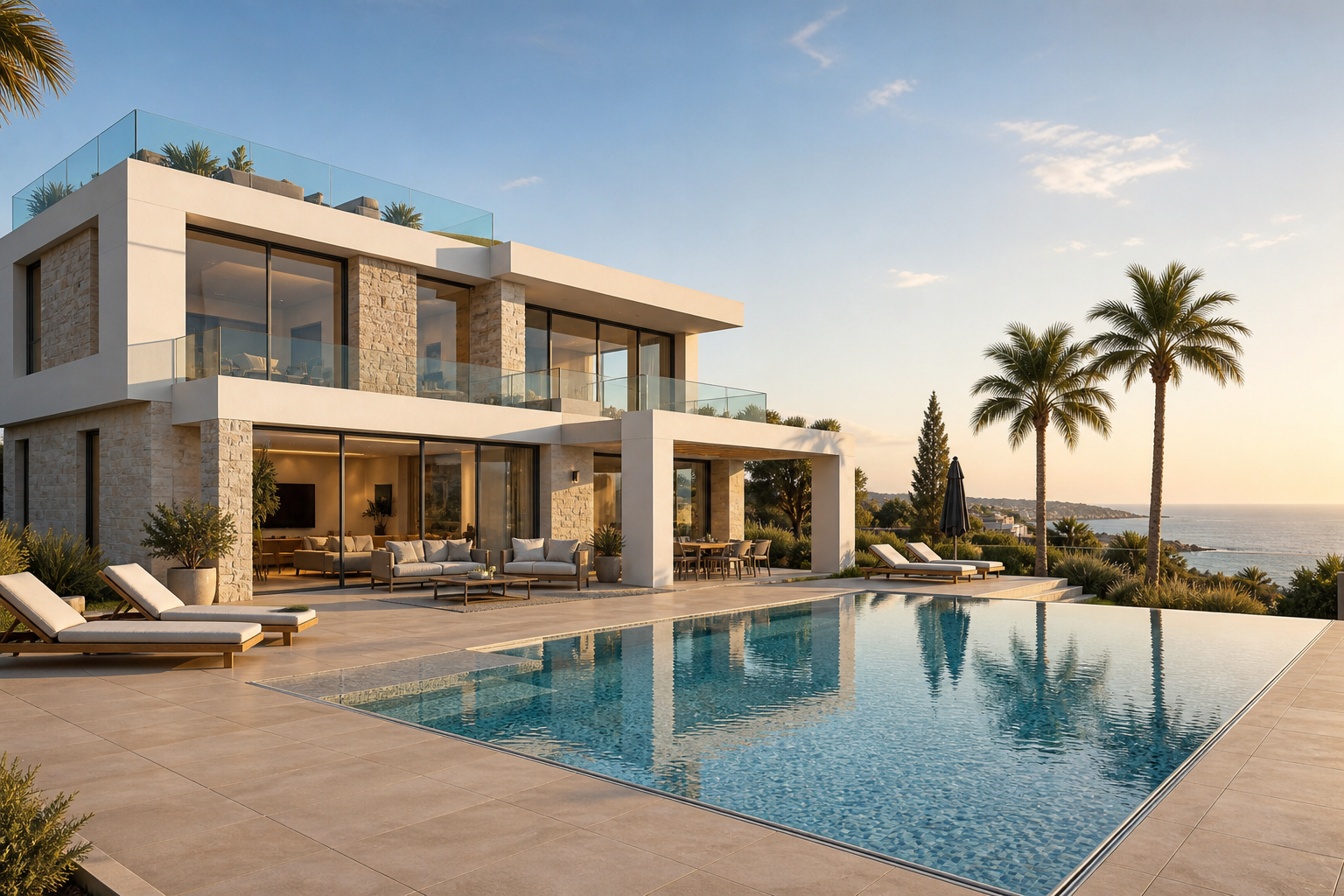 Villa Rückansicht mit Meerblick und Slot-Edge-Pool